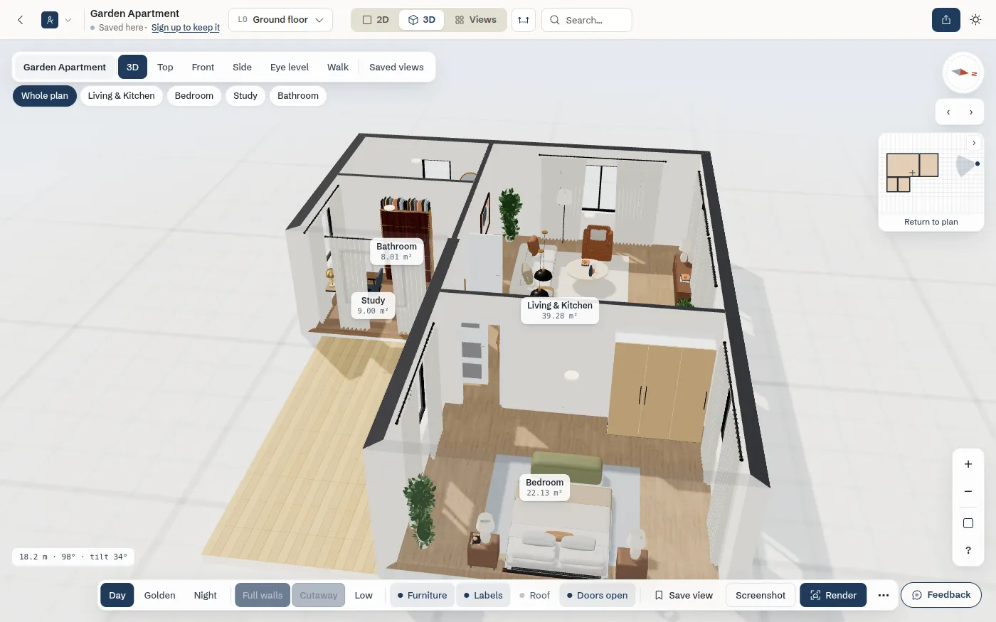 The furnished Garden Apartment in the 3D view with Cutaway walls and the roof off, the view buttons and room chips at the top, the compass and mini-map on the right and the toolbar at the bottom