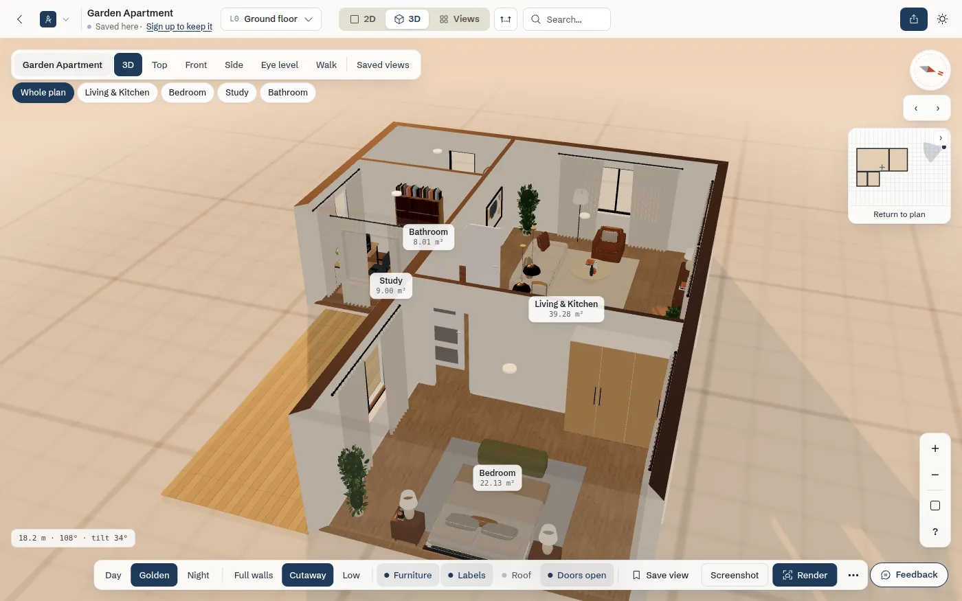 The Garden Apartment in 3D under Golden light, with warm low sun across the rooms and the timber terrace