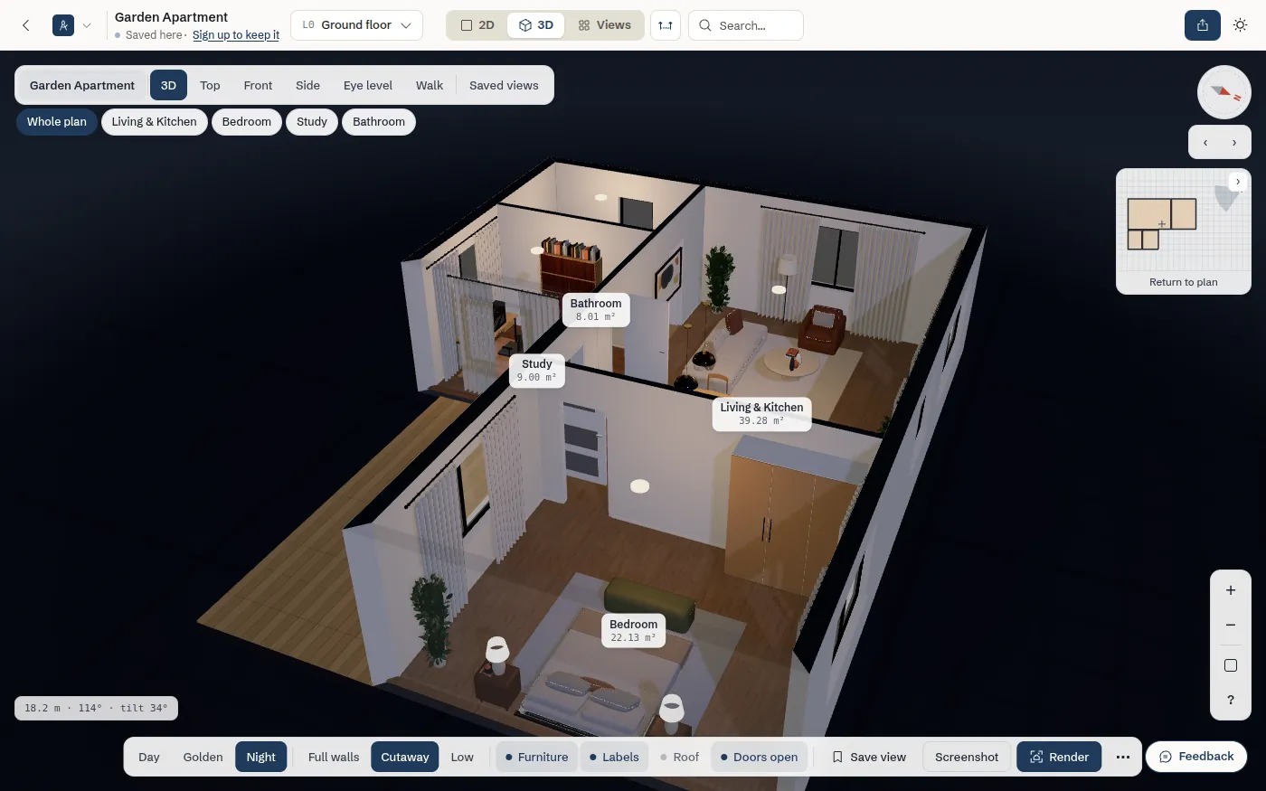 The Garden Apartment in 3D with Night lighting, dark outside and warm lamps in the rooms