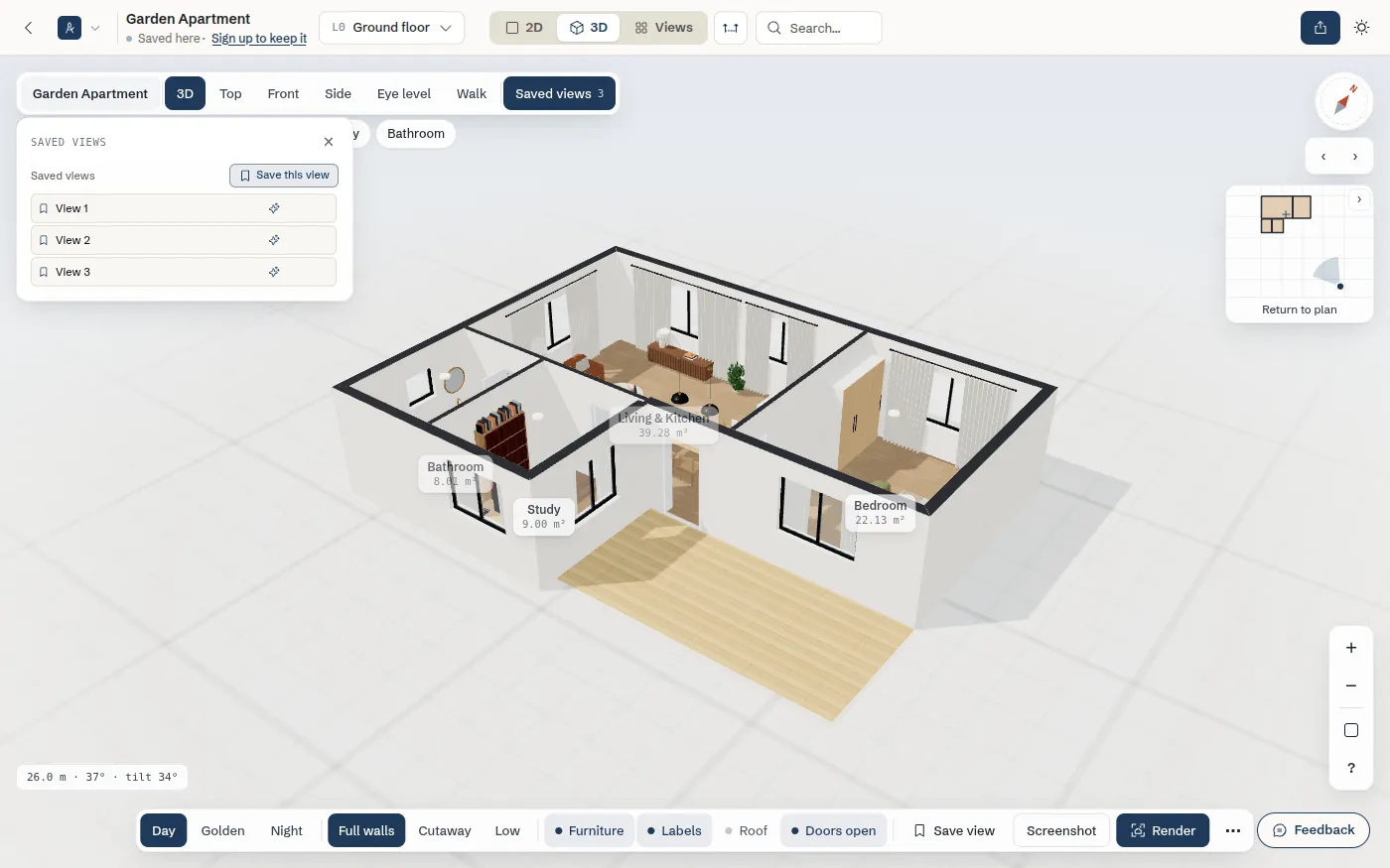 The Saved views panel listing View 1, View 2 and View 3 over the Garden Apartment in 3D