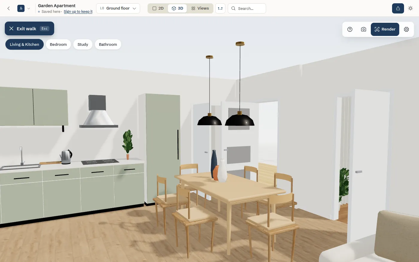 First person walk mode in the open kitchen, with Exit walk and the room chips at the top left and the help, photo, Render and settings buttons at the top right