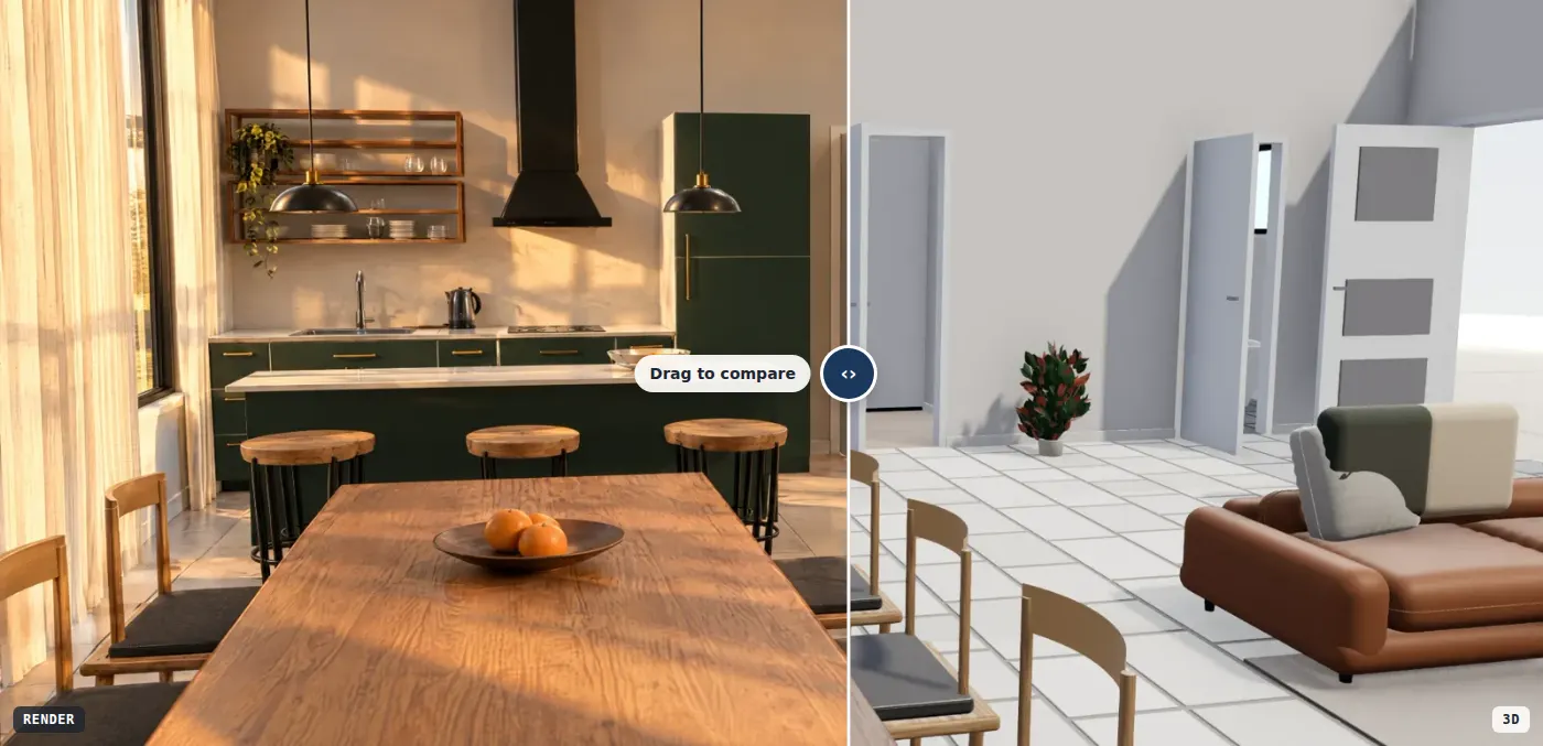 A kitchen as the 3D view on the left and as the realistic render on the right, split by the before and after slider
