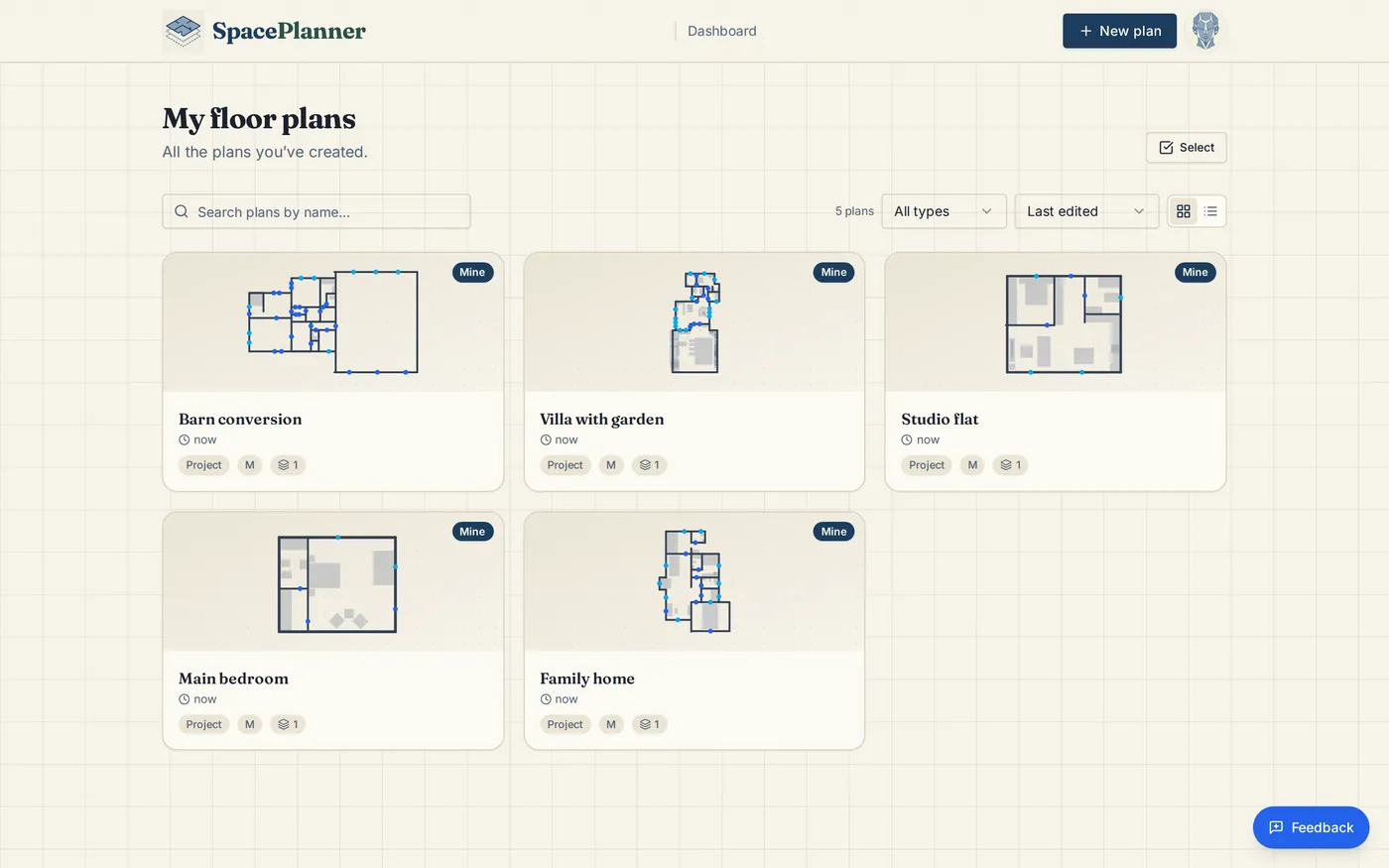 The My floor plans dashboard with plan cards, a search box and the New plan button