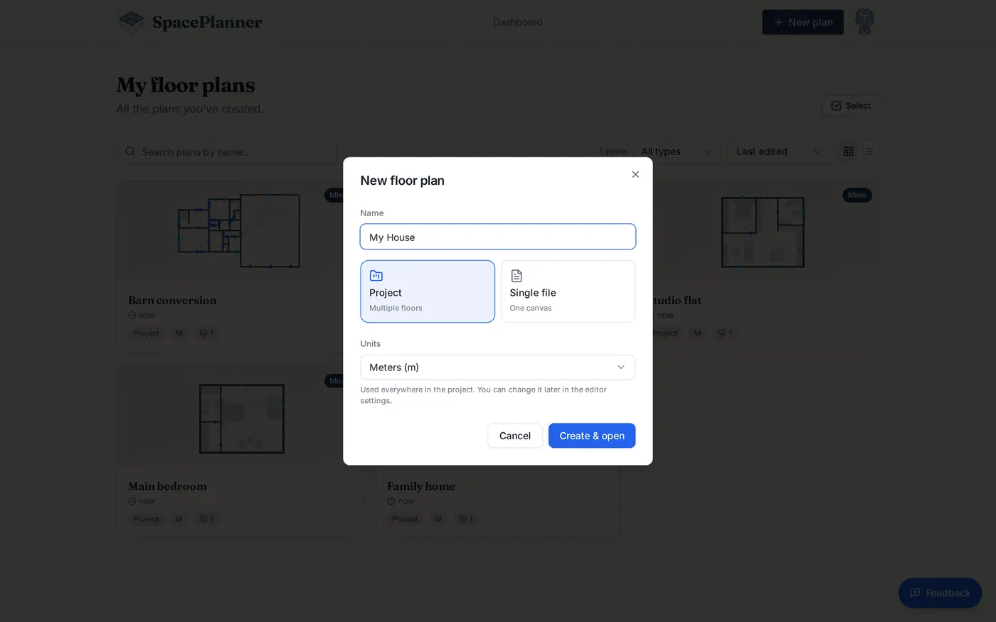 The New floor plan dialog with a name field, Project or Single file choice and Units