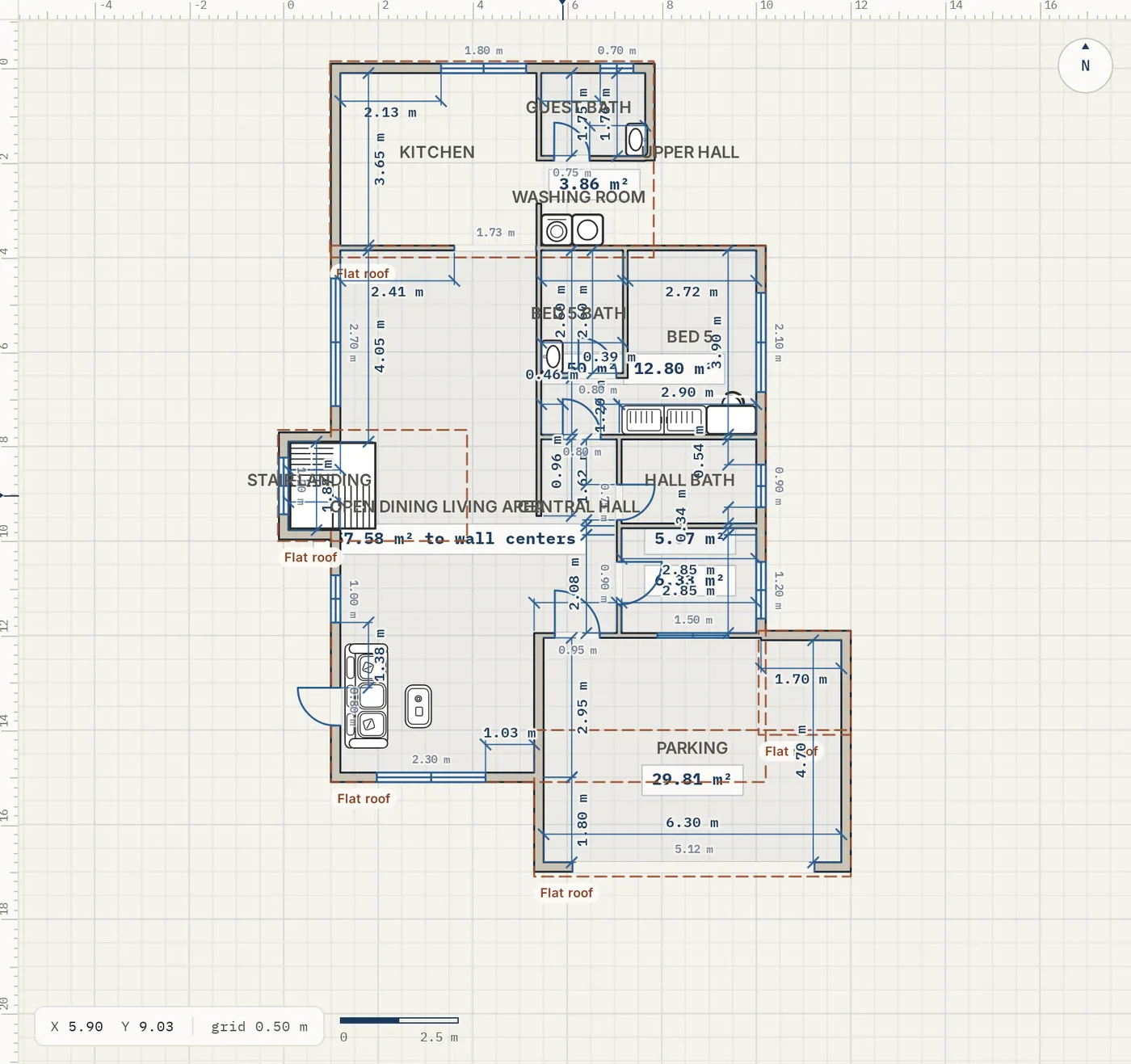 A floor plan with a net area chip in every room