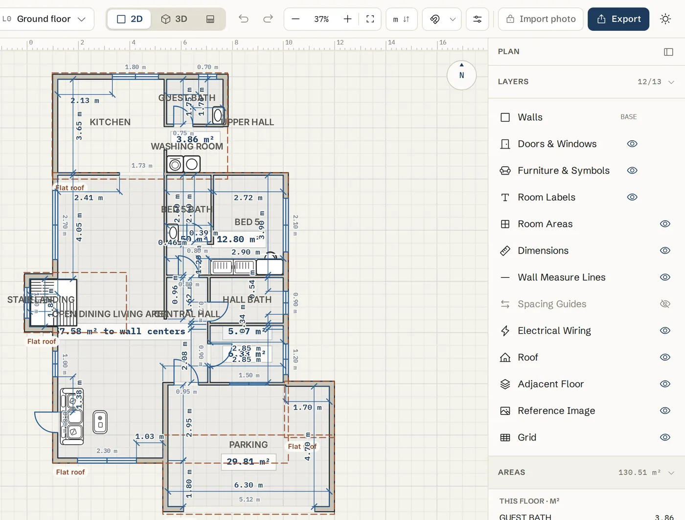 The Areas panel listing each room with its net area, the rooms subtotal and the gross floor area