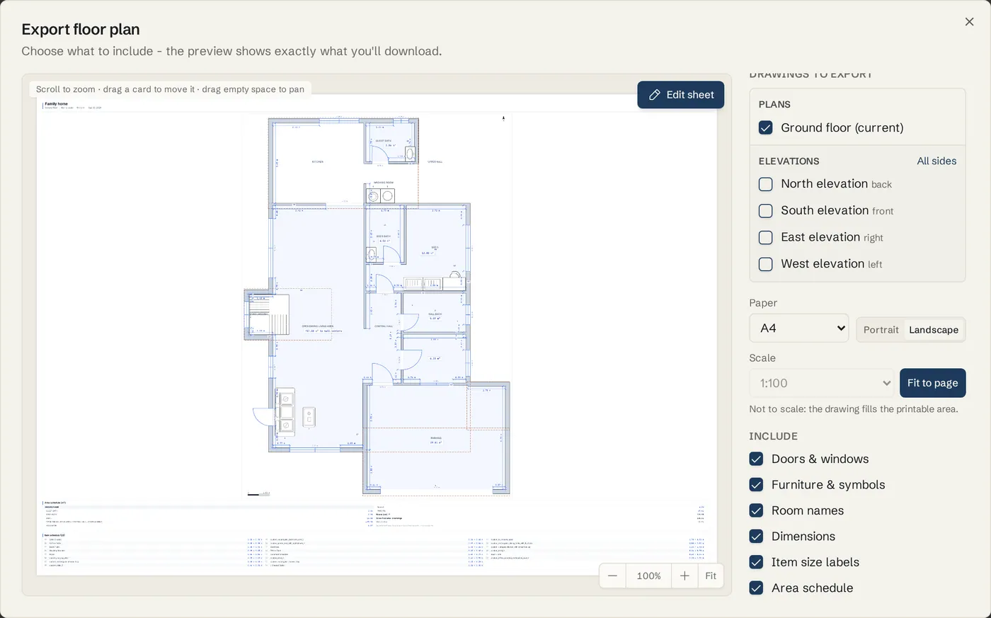 Exported sheet with an area schedule table beside the floor plan