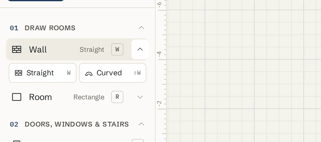 The wall type chooser open with Straight and Curved options