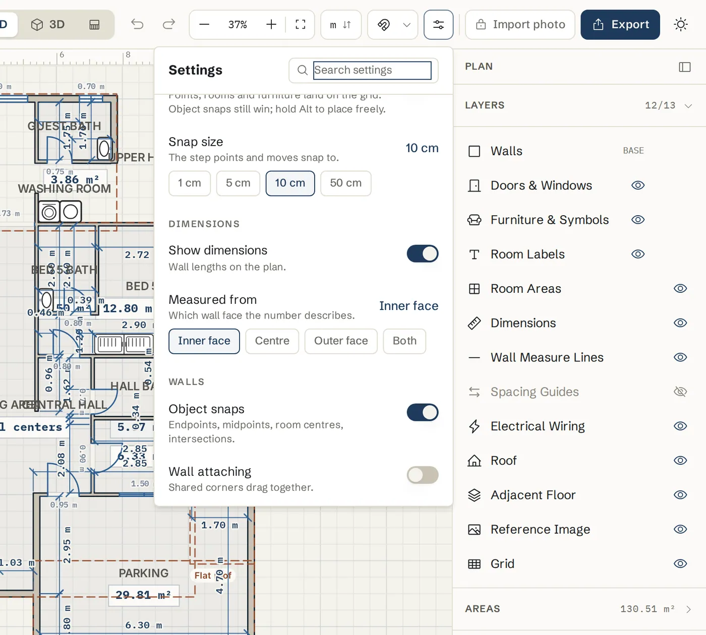 The Settings panel with Show dimensions and Measured from