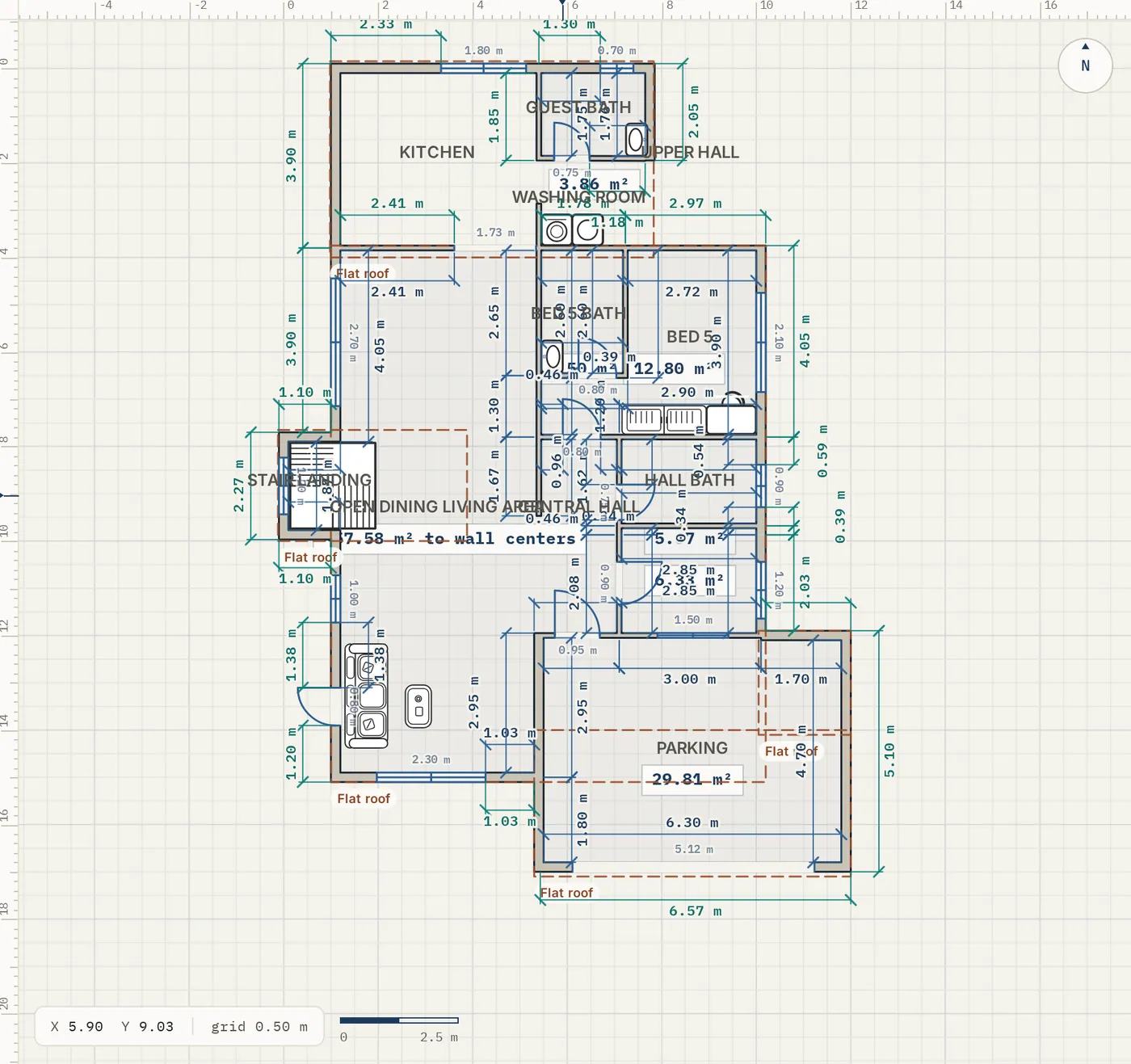 Inner dimensions inside each room and chained outer dimensions outside the building
