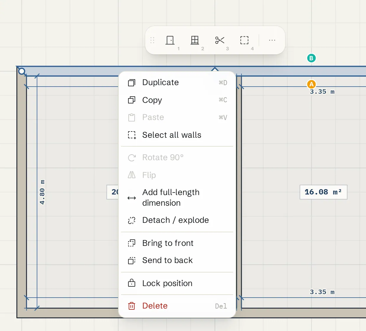 The right-click menu of a wall with Add full-length dimension