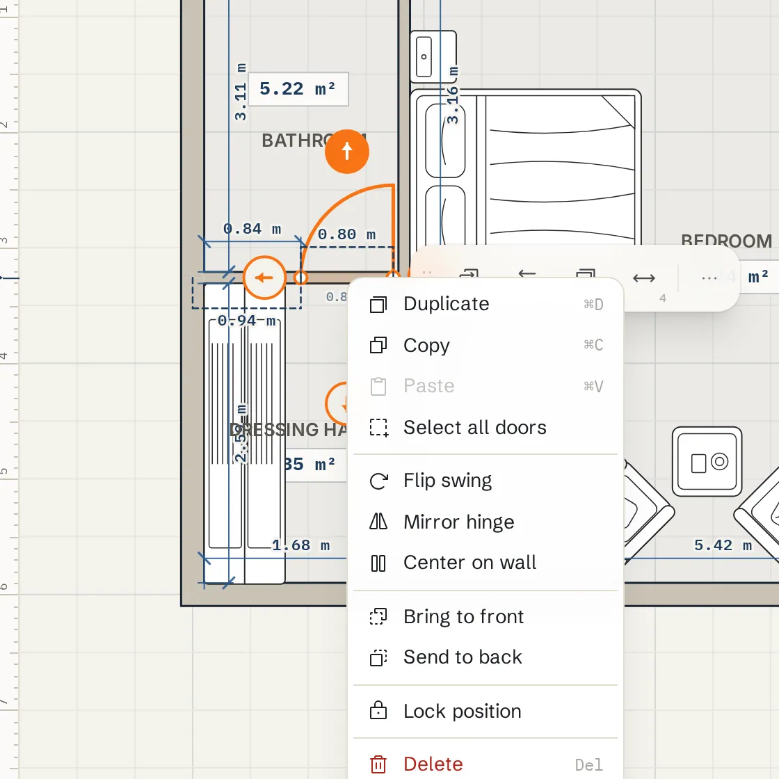 The right-click menu of a door with Flip swing, Mirror hinge and Center on wall