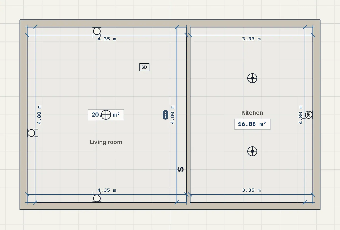 Outlets on the walls and ceiling lights in the middle of rooms on a floor plan