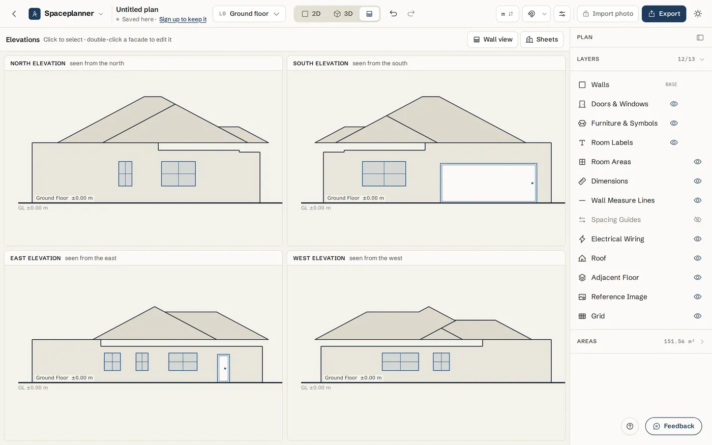 Elevation grid showing the front, back, left and right facades of a two-storey house