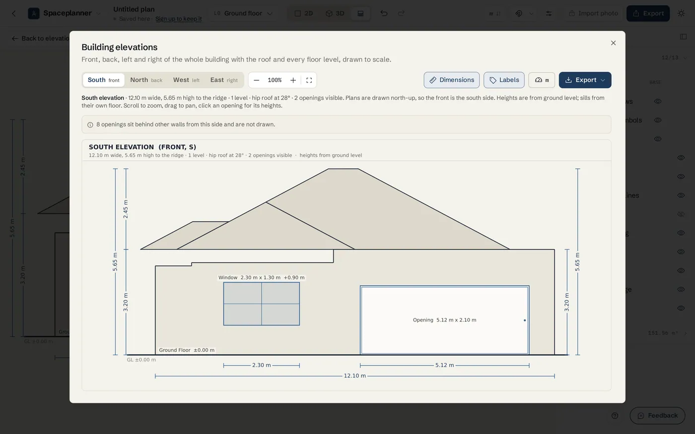 Building elevations sheet of the front of a house with dimensions and opening labels