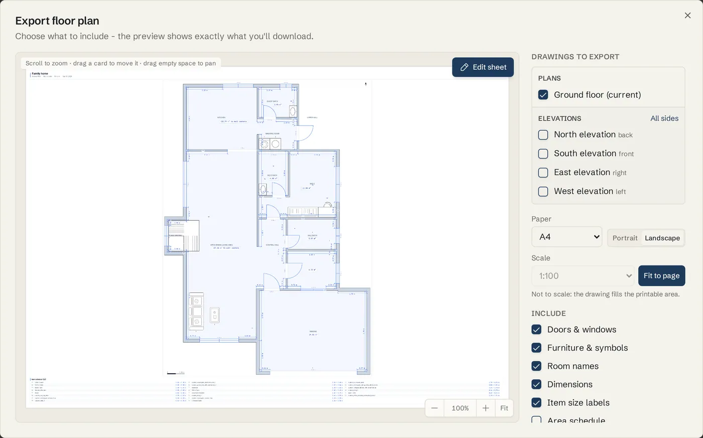 The Export floor plan dialog with a live sheet preview on the left and export settings on the right