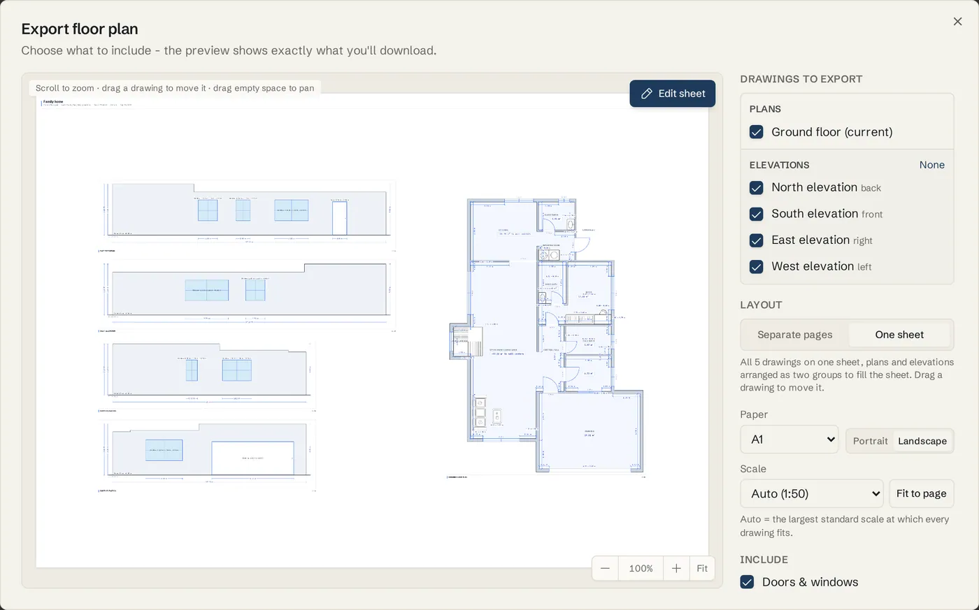 One sheet layout with two floor plans and four elevations arranged on a single A1 sheet