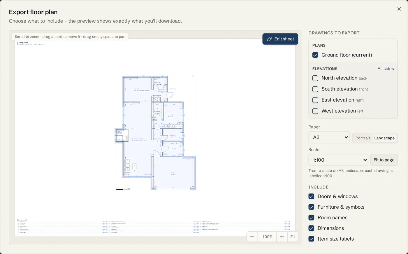 Paper set to A3 landscape and Scale set to 1:100 in the Export dialog