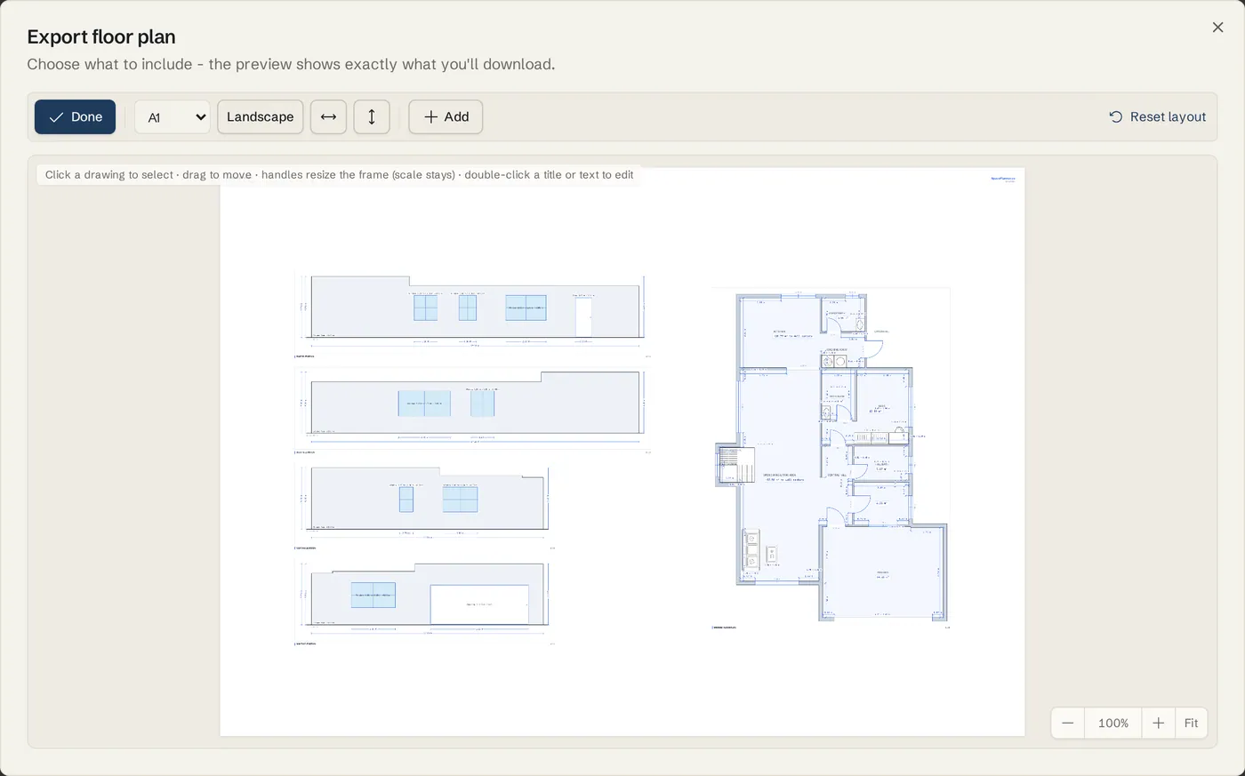 Edit sheet mode with a selected drawing frame, resize handles and the sheet toolbar
