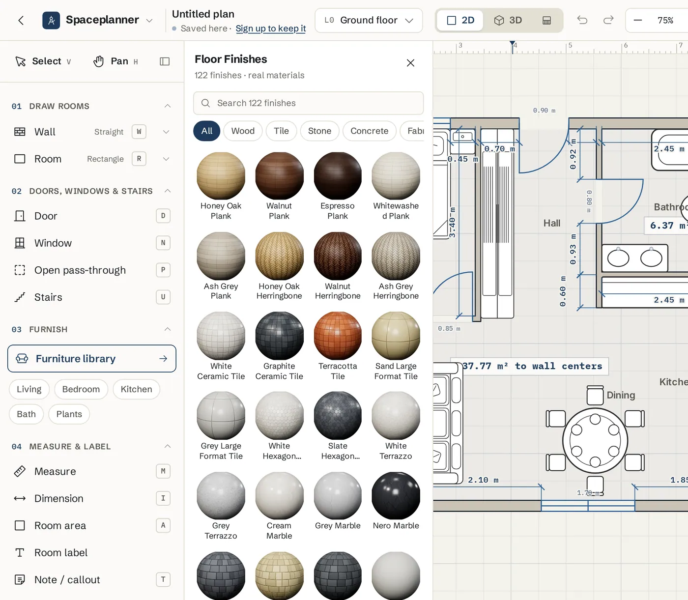 The Floor Finishes library with category chips, a search box and sphere previews of wood, tile and stone