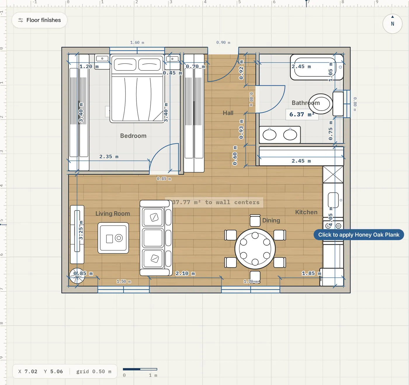 A room on the plan filled with a floor finish, with the next room highlighted to apply
