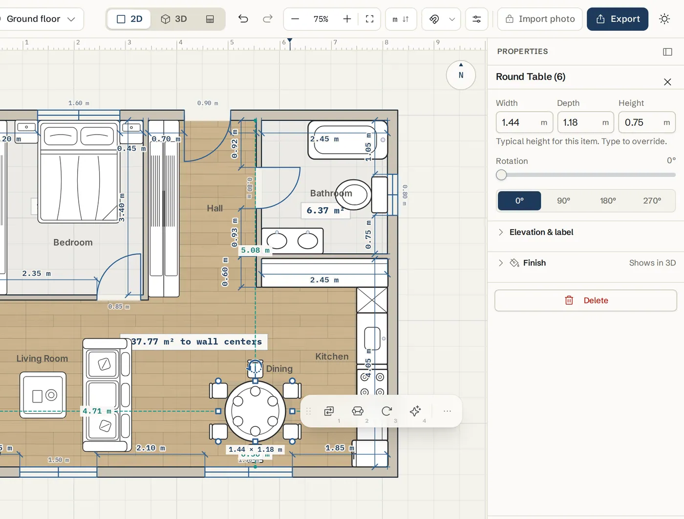 The Floor properties with the Selected row showing scale buttons, grain and tint controls