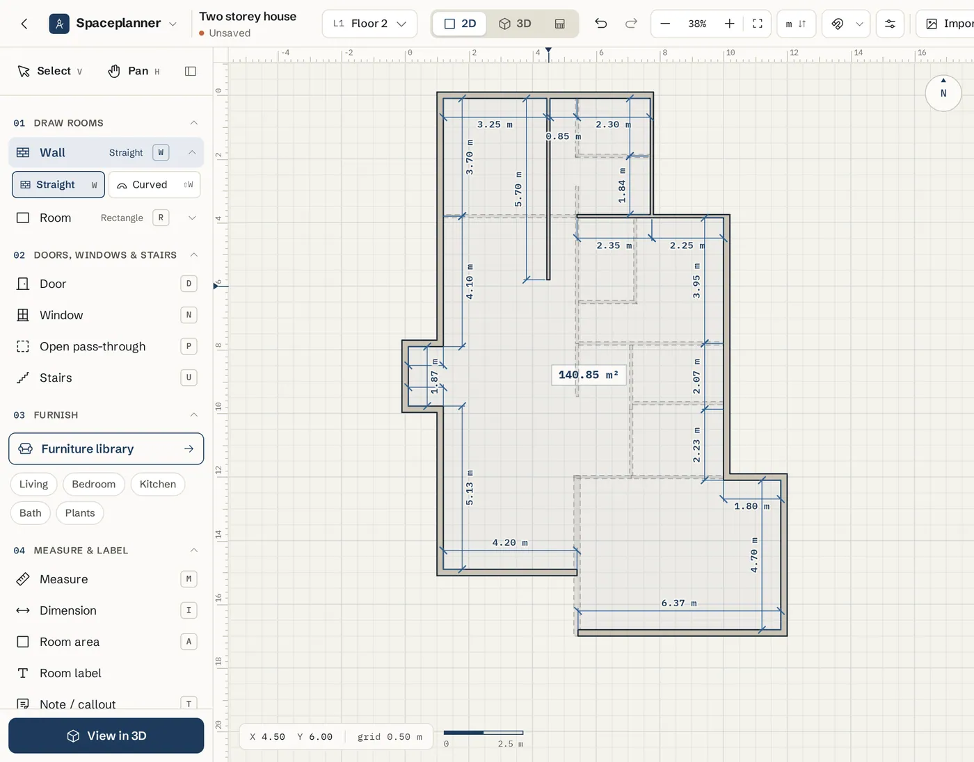 An upper floor being drawn over the faint tracing of the ground floor below