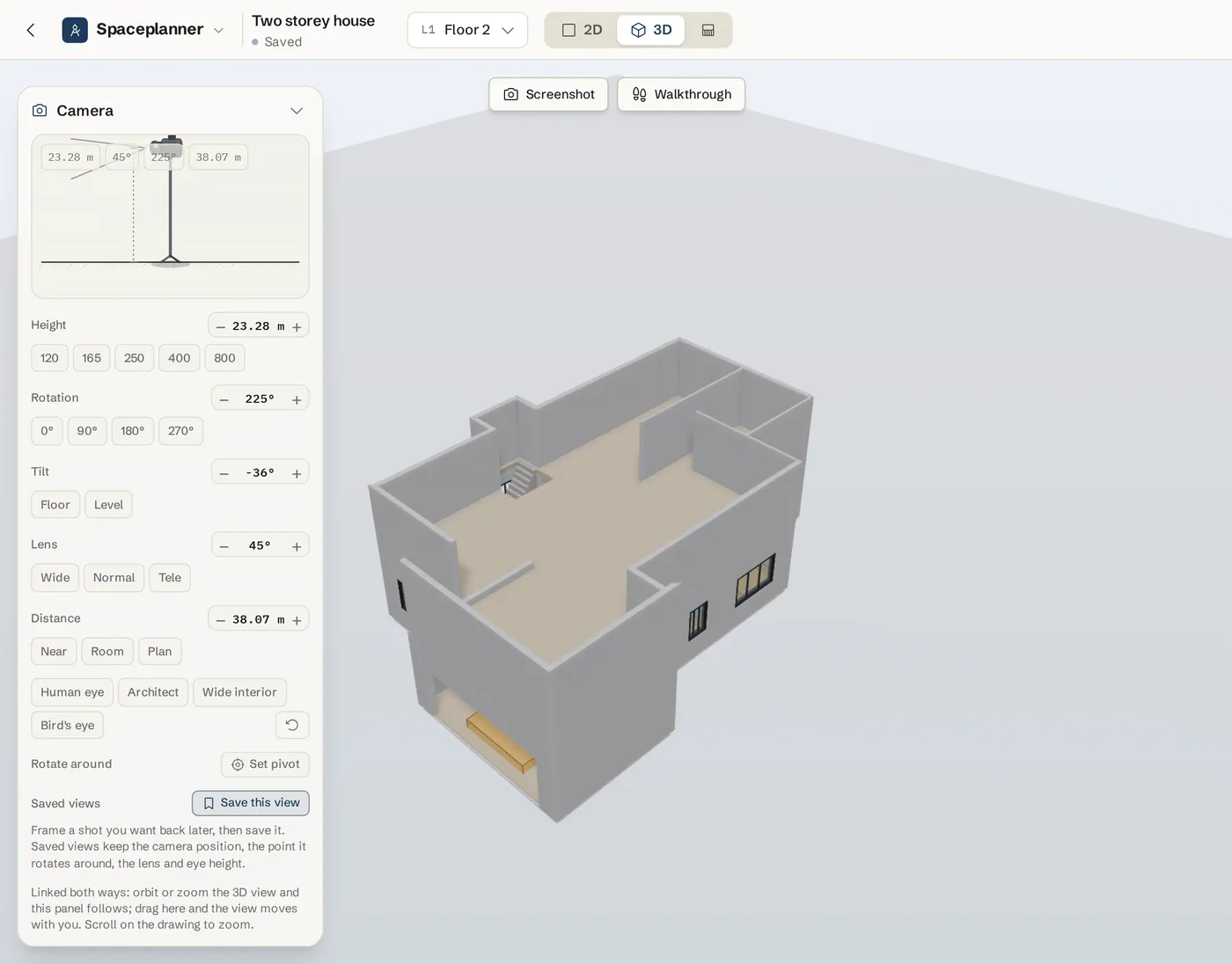A two storey house in the 3D view with both floors stacked