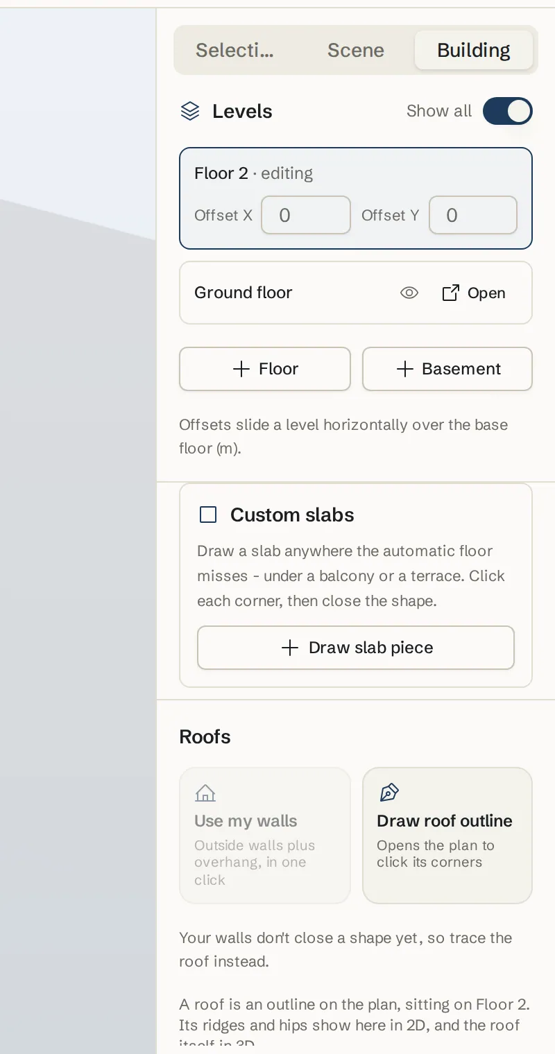 The Levels panel in the 3D floor menu with a show or hide toggle and Offset X and Offset Y for each floor
