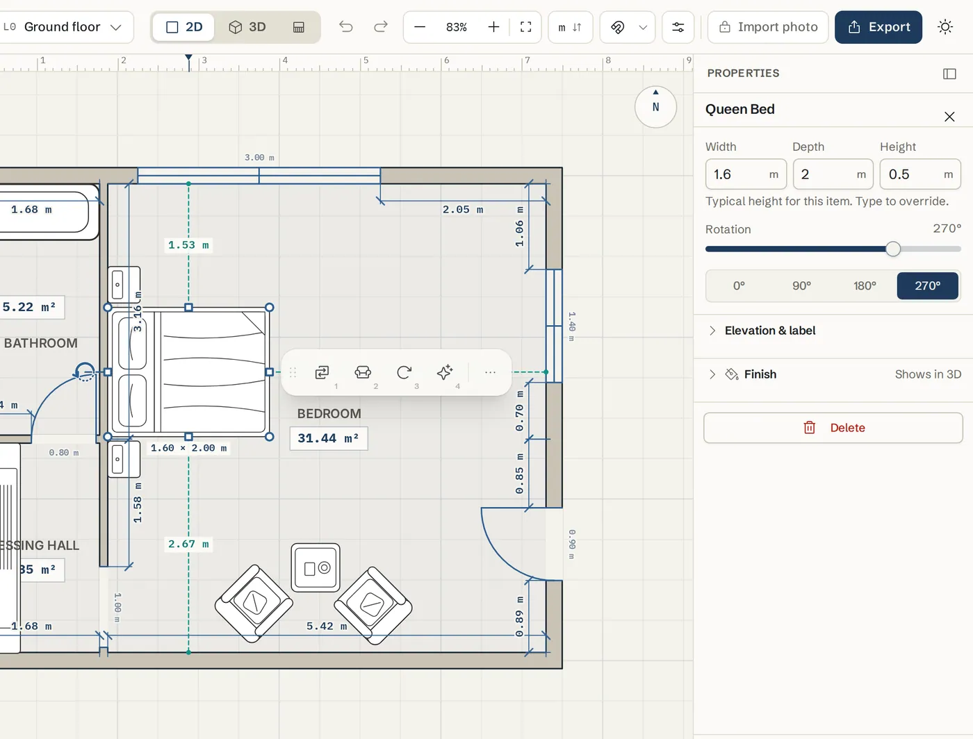 The right panel for a selected piece of furniture with Width, Depth, Height and Rotation fields