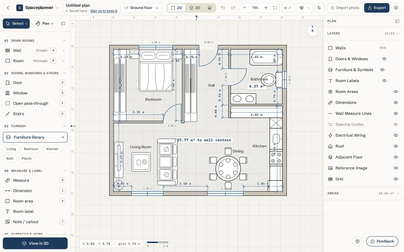 The SpacePlanner editor with the tool sidebar on the left, the top bar, the plan in the middle and the Layers panel on the right