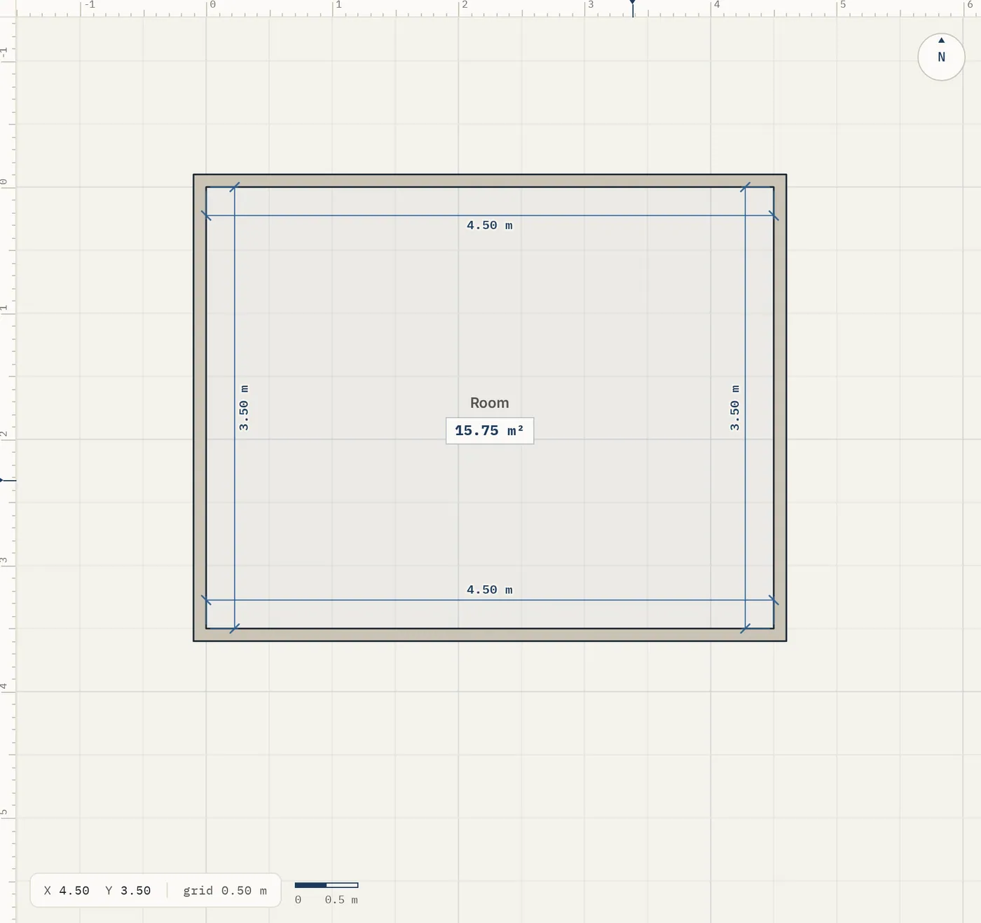 A rectangular room drawn on the grid with its wall lengths shown