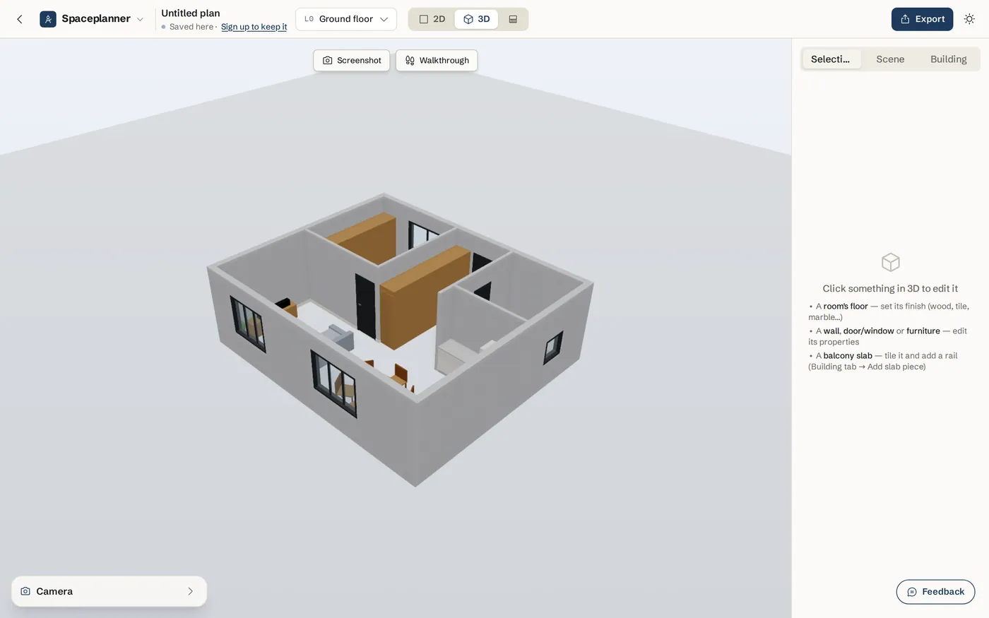 The same plan shown in the 3D view with walls, doors and furniture