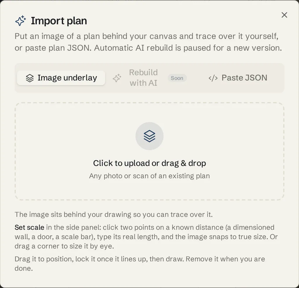 The Import plan dialog on the Image underlay tab with the upload area