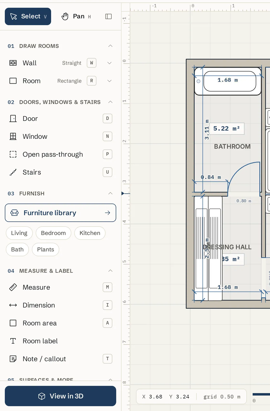 The left toolbar with the key badge beside each tool: W for Wall, R for Room, D for Door, N for Window, P for pass-through and U for Stairs