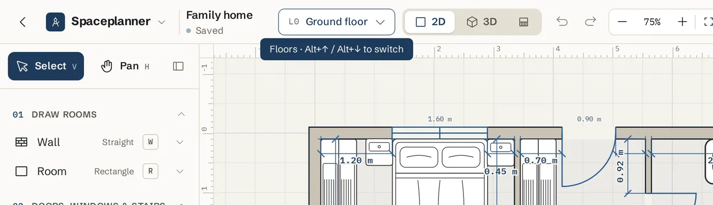 The Floors control in the top bar with its tooltip showing the Alt and arrow keys to switch floors
