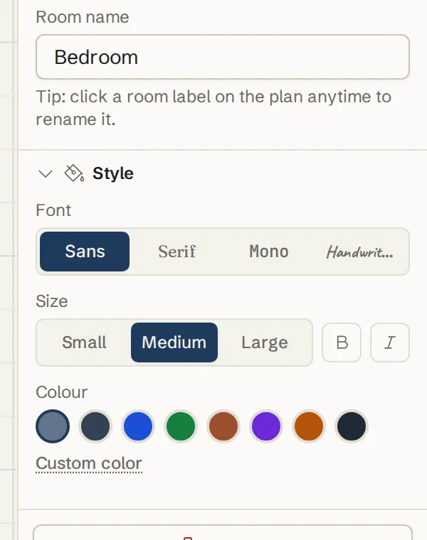 Label style fields: Font, Size, Bold, Italic and Colour