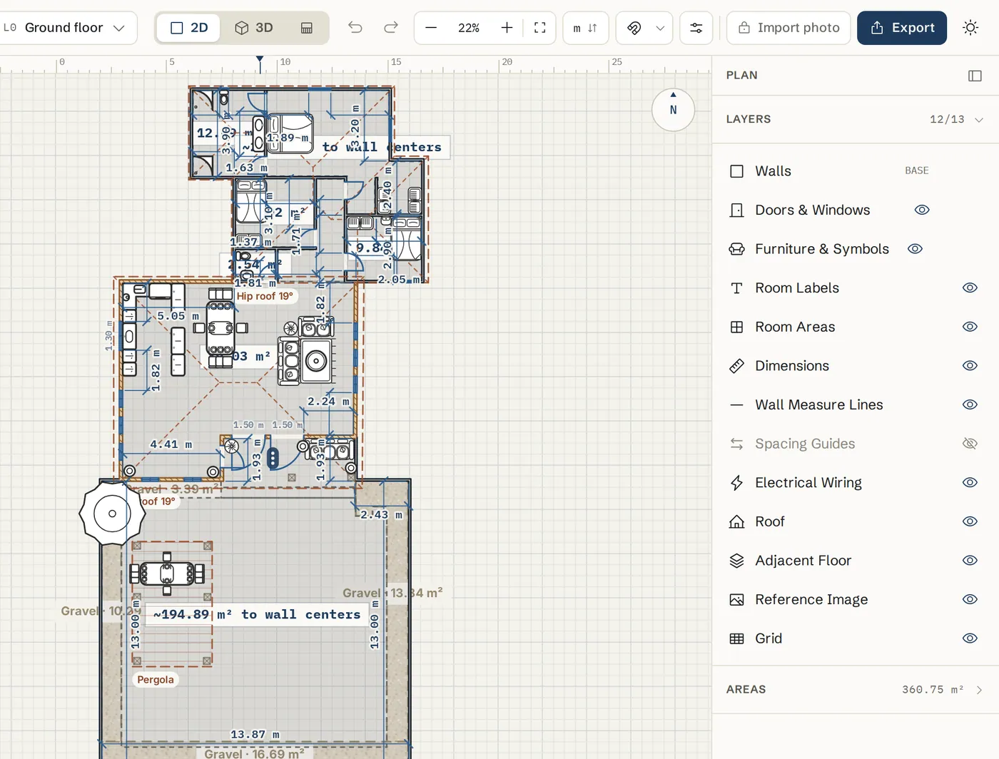 The Layers panel on the right listing Walls, Doors & Windows, Furniture & Symbols, Room Labels, Room Areas, Dimensions and more, each with an eye icon