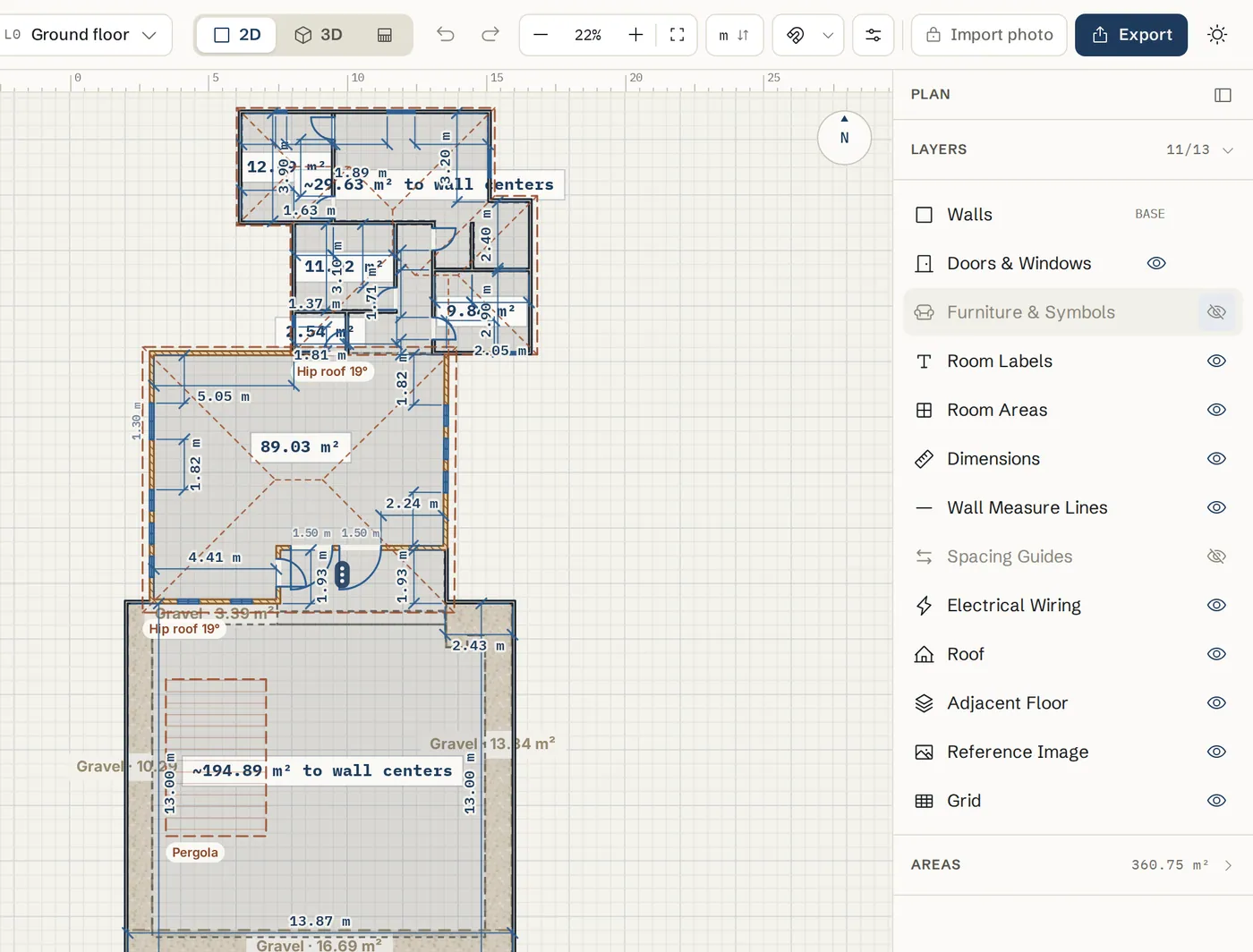 The same plan with the Furniture & Symbols layer hidden, showing only walls, openings, labels and dimensions