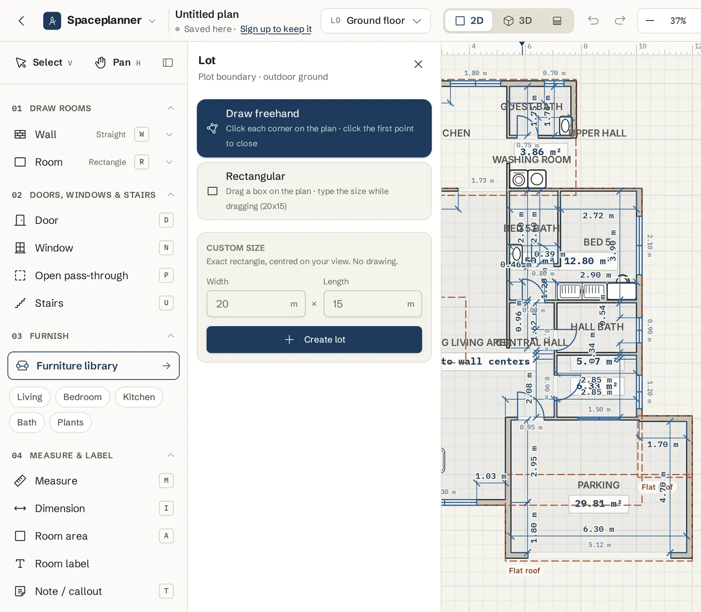 The Lot options panel with Draw freehand, Rectangular and Custom size choices