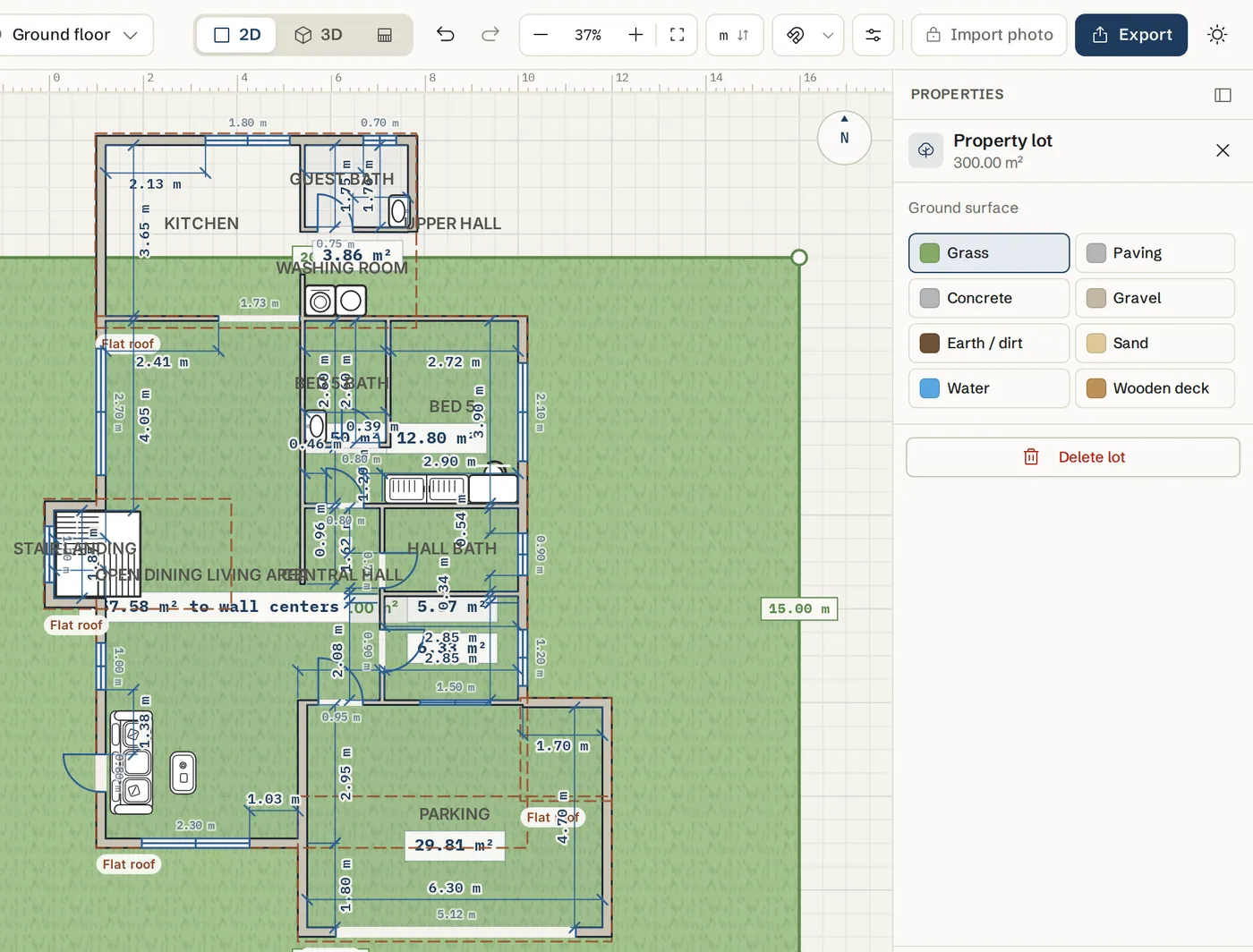 A selected lot with the Property lot panel showing ground surface options