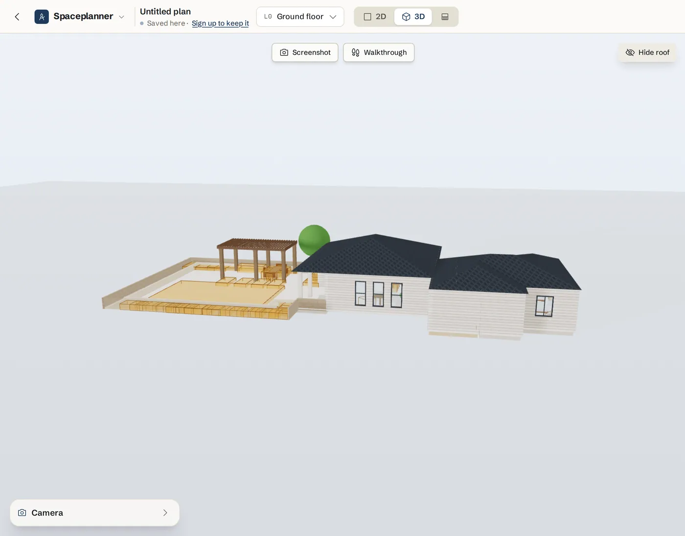 A 3D view of a garden with a pool, trees and a pergola beside a house