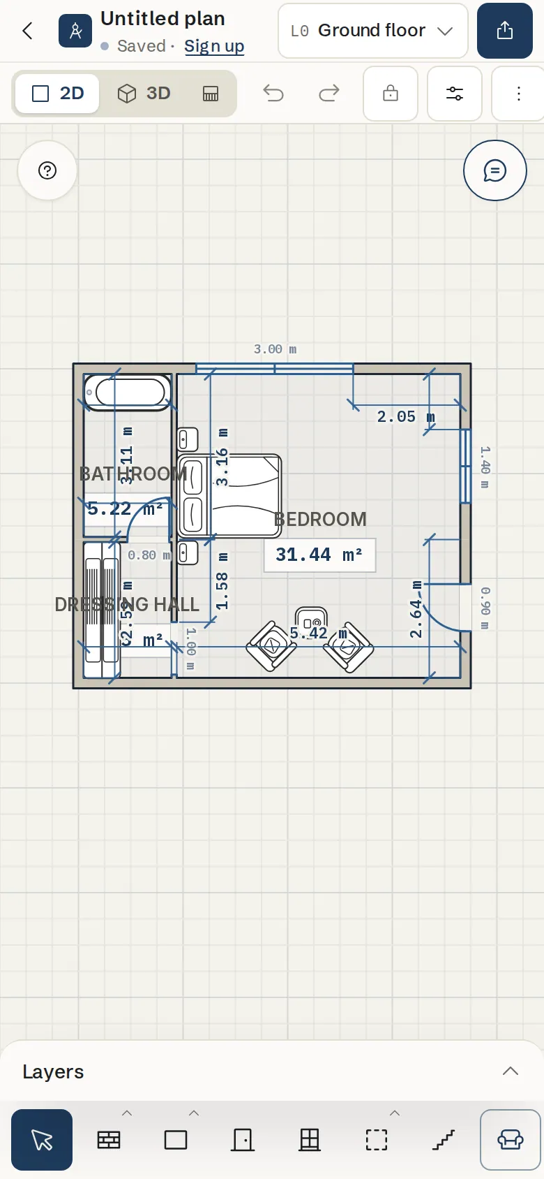 SpacePlanner on a phone: the plan in the middle, two rows of controls at the top and the tool bar along the bottom