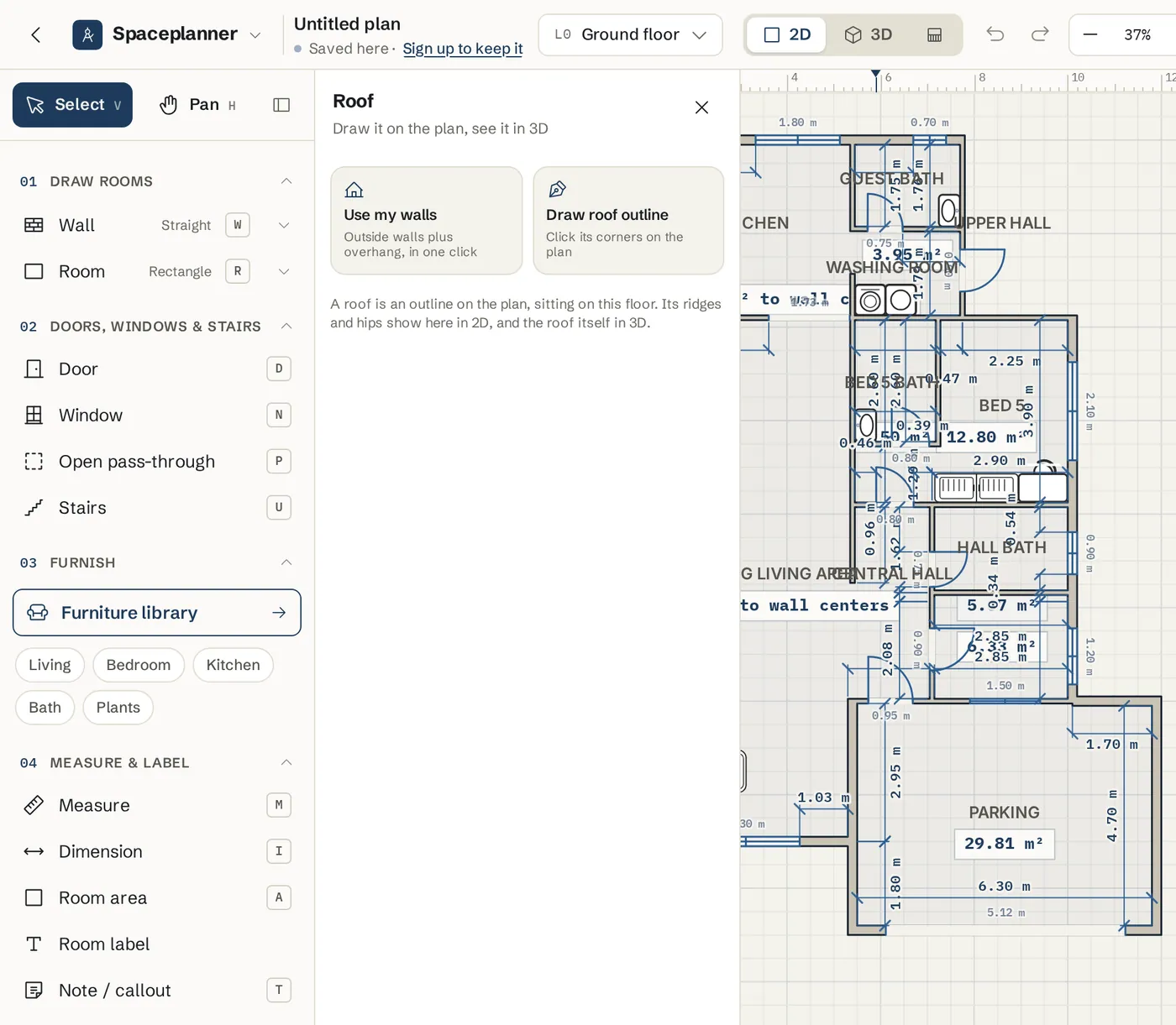 The Roof panel with the Use my walls and Draw roof outline buttons