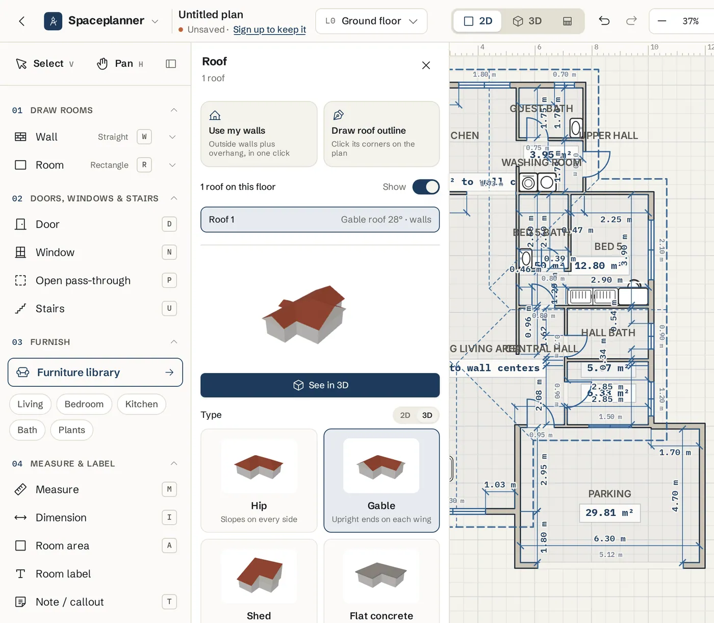 Roof settings with the roof types, Pitch and Eaves overhang sliders