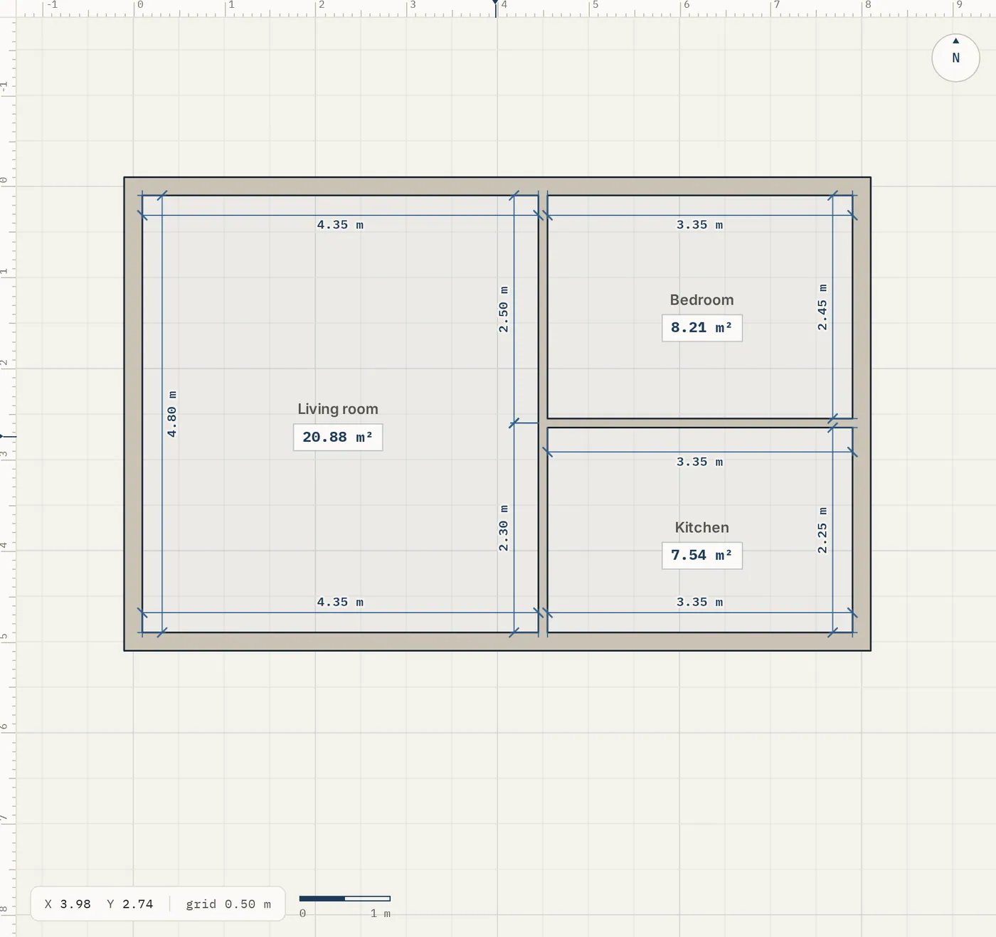 A plan with the area of each room shown in its centre