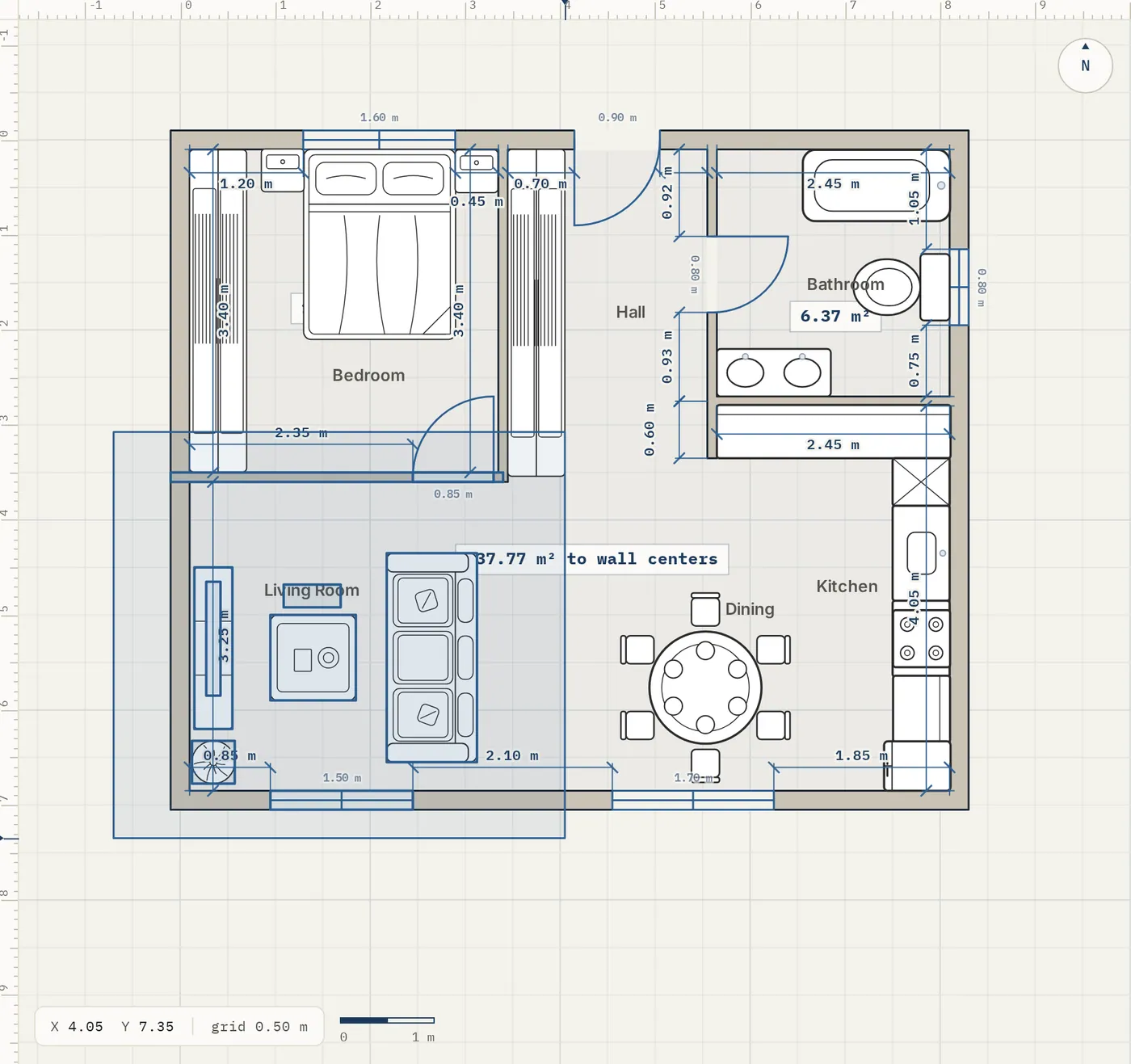 A blue left to right selection box around furniture, with the items it will select highlighted