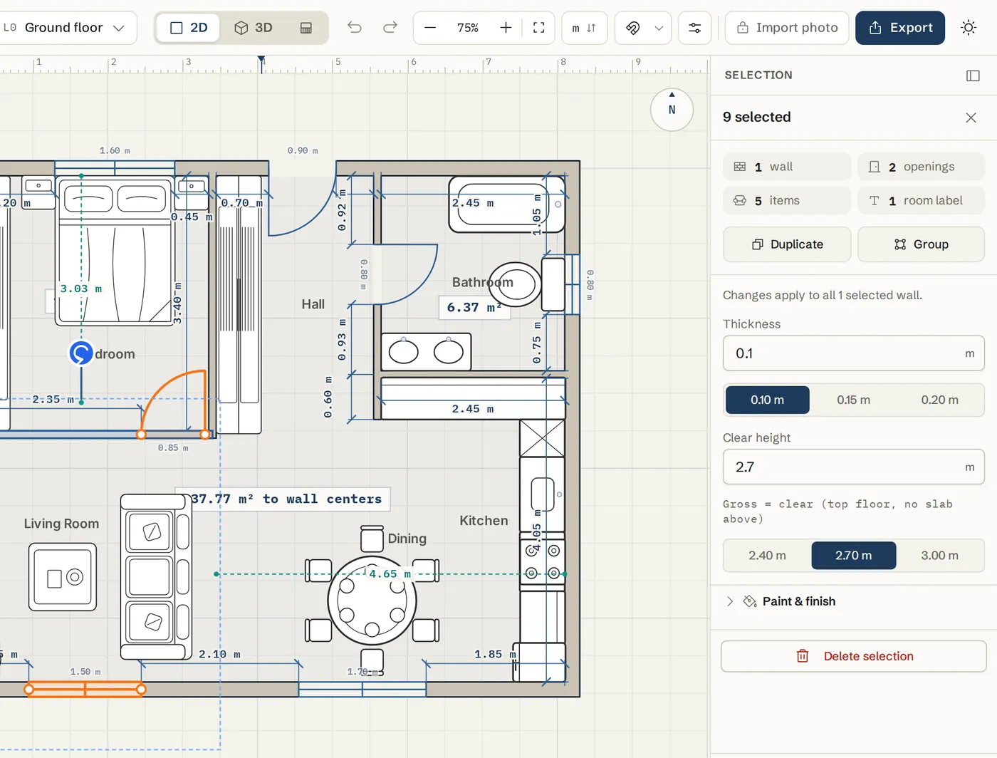 The right panel showing a multi-selection counted by kind with Duplicate, Group and Delete selection buttons