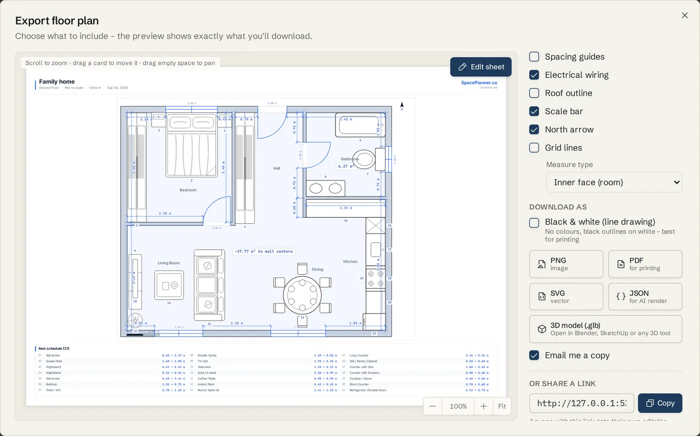 A share link ready in the Export dialog with the Copy button and the privacy note