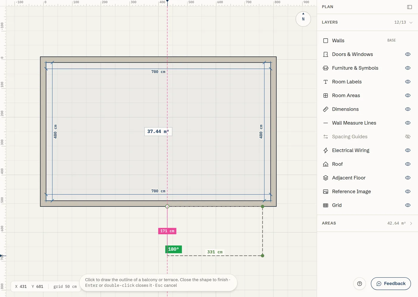 Drawing a balcony outline off the outside face of a wall, with the snap guide and the live length